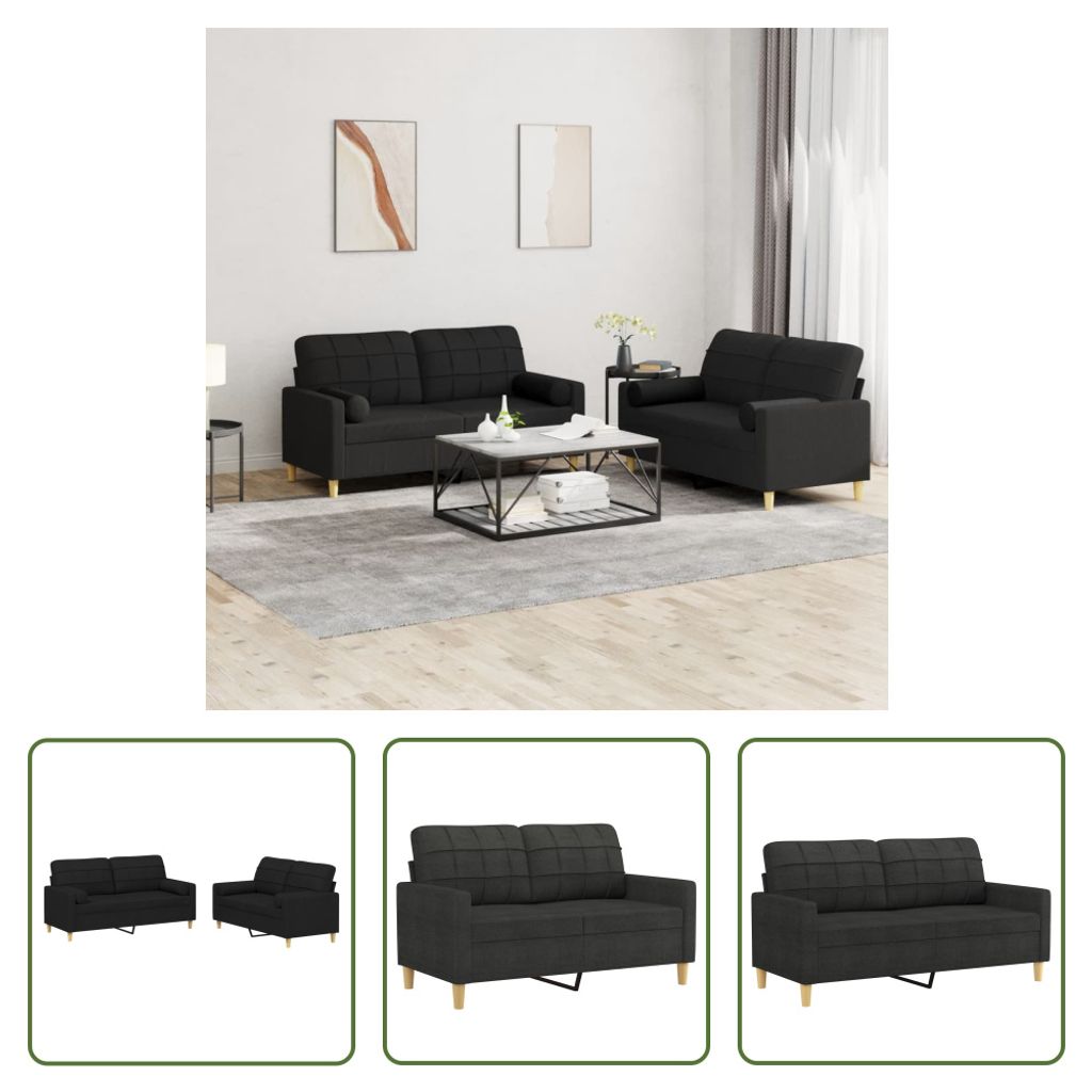 The Living Store 2-tlg. Sofagarnitur mit Kissen Schwarz Stoff