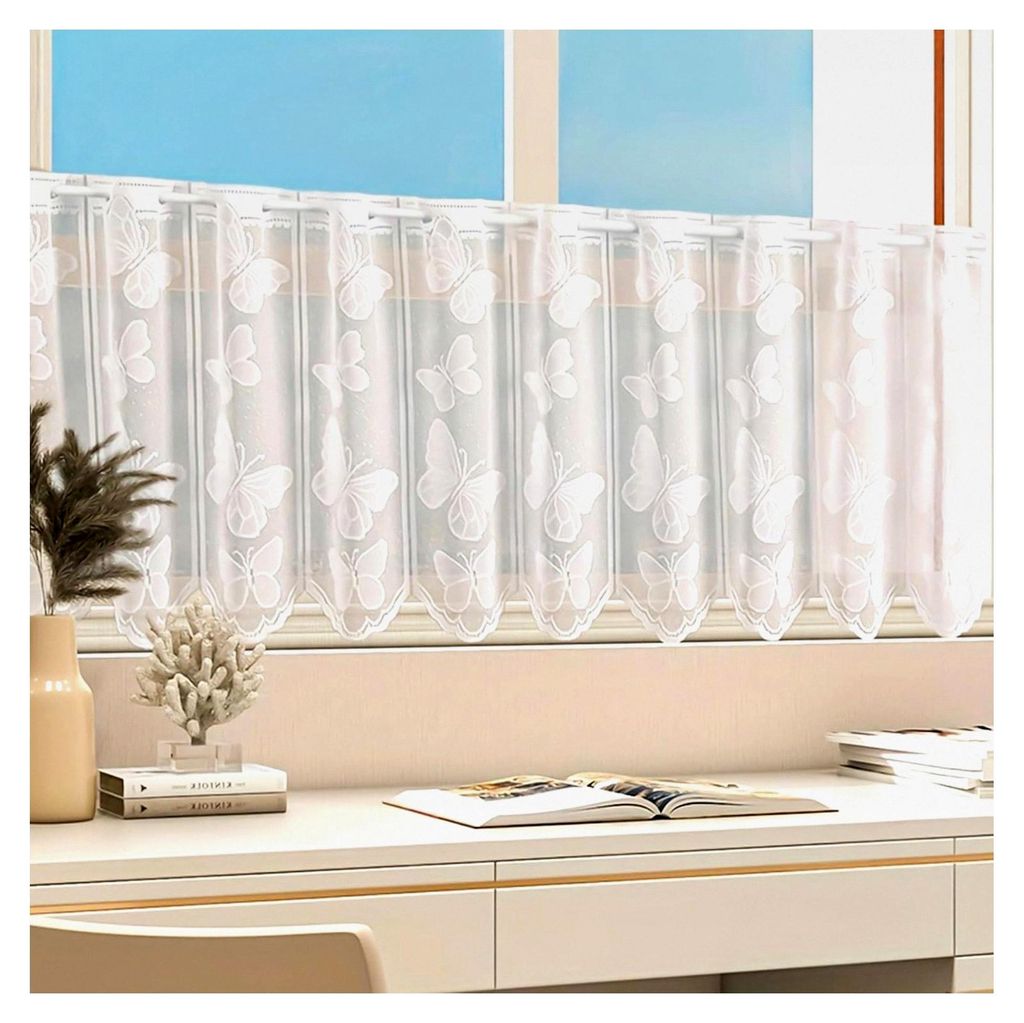 Scheibengardine Bistrogardine - Halbtransparente Vorhänge, Jacquard Gardine mit Schmetterling, Kurze Küchengardinen Weiß mit Ösen, BxH 150x45cm...