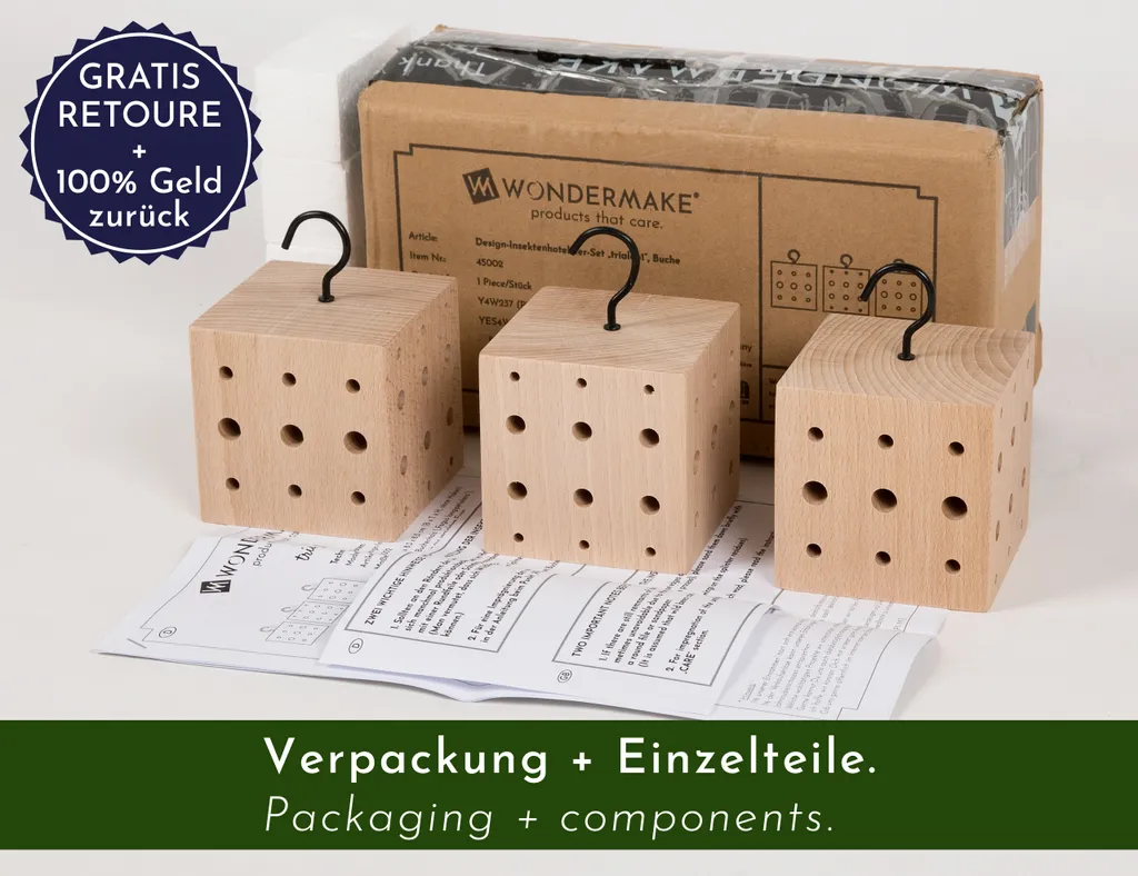 Aide à la nidification pour abeilles de jardin, set 3 hôtels bois suspendus - 5