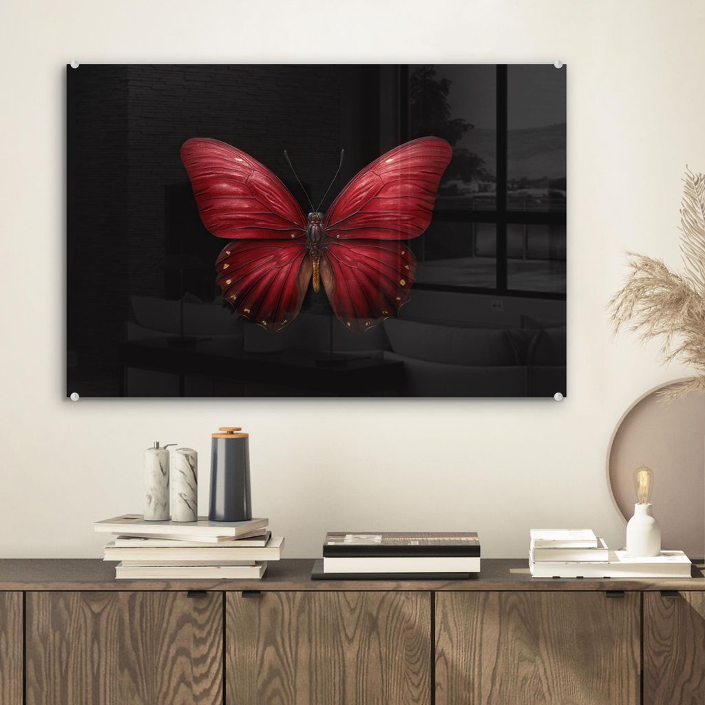 MuchoWow Glasbilder - Bilder auf Wandbild - Foto auf Glas Schmetterling - Rot - Minimalistisch 60x40 cm Wanddekoration aus Glas - Acrylglasbild - A...