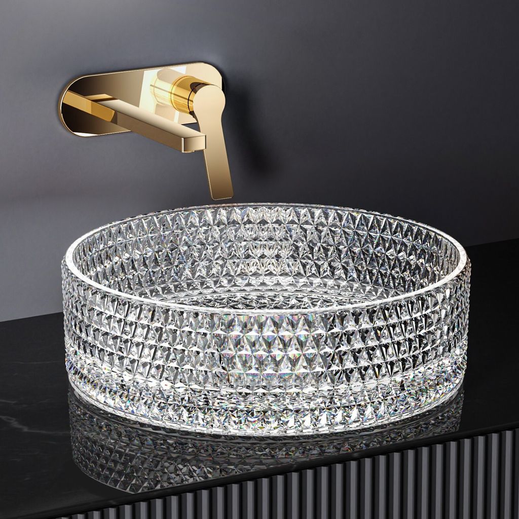 EMKE Aufsatzwaschbecken Rundes Glas Transparentes Glas 36 x 36 x 11.2 cm Hochwertiges Design-Waschbecken für Badezimmer & Gäste-WC Waschschale