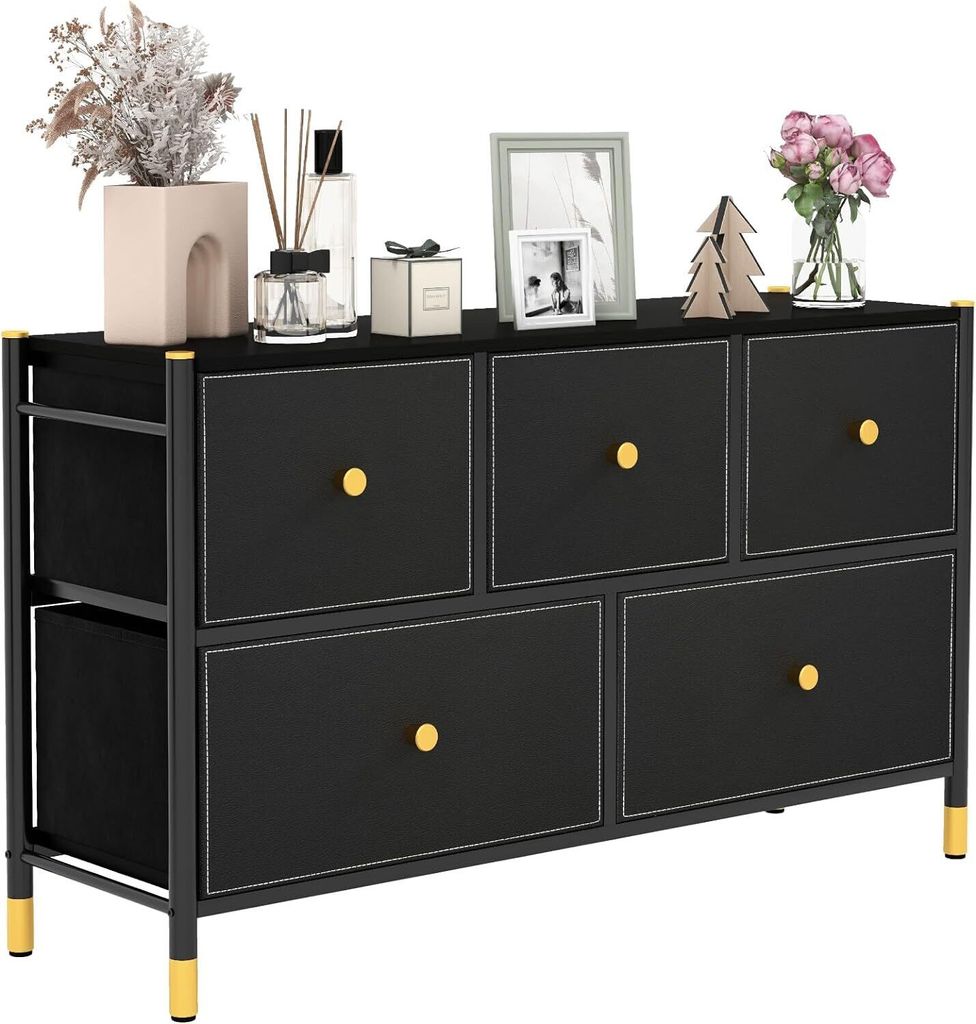 COSTWAY Stoffkommode mit 5 Schubladen, Schubladenkommode mit Metallrahmen, Sideboard mit Verstellbarer Fußpads & Kippsicherung, Korbregal für Woh...