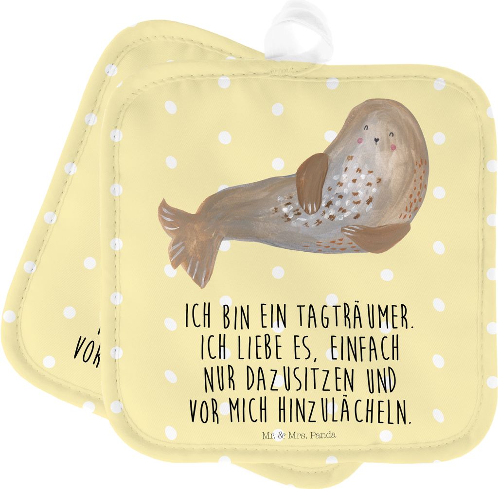 Mr. & Mrs. Panda Topflappen Robbe Lachen - Gelb Pastell - Geschenk, Nordsee, Lustige Sprüche, Meerestier, Ostsee, Seehund, Doppel, Strand, topfhal...
