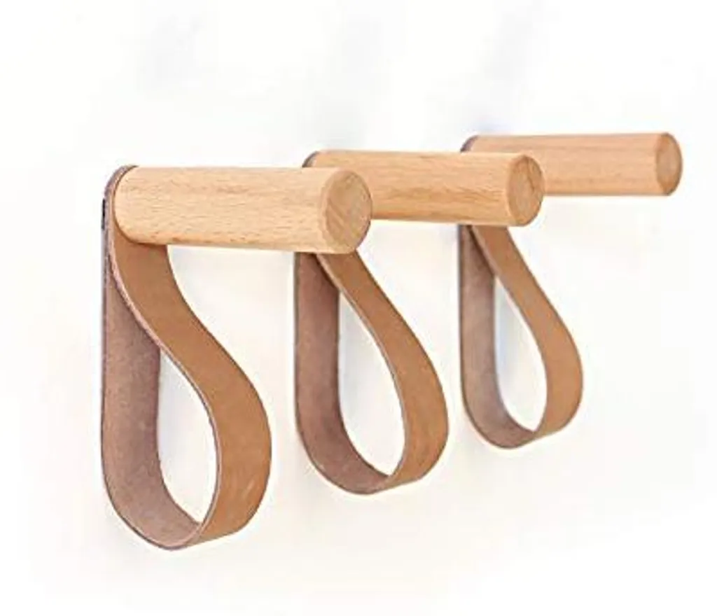 Lot de 3 crochets muraux en bois avec lanières cuir design scandinave