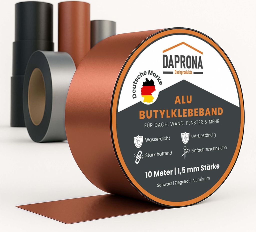 DAPRONA Butylband, Panzertape 10m x 50mm, Ziegelrot Dichtungsband Alu, Reparaturband, Dichtband Fenster Dachrinne, wasserfest, hitzebeständig