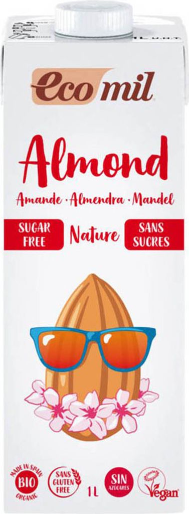 A carton of Ecomil Almond drink with a cartoon almond wearing sunglasses and flowers.