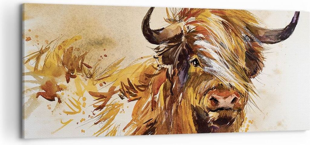 Bild auf Leinwand - Leinwandbild - Einteilig - Stier Scotch Aquarell - 120x50cm - Wand Bild - Wanddeko - Wandbilder - Leinwanddruck - Bilder - Wand...