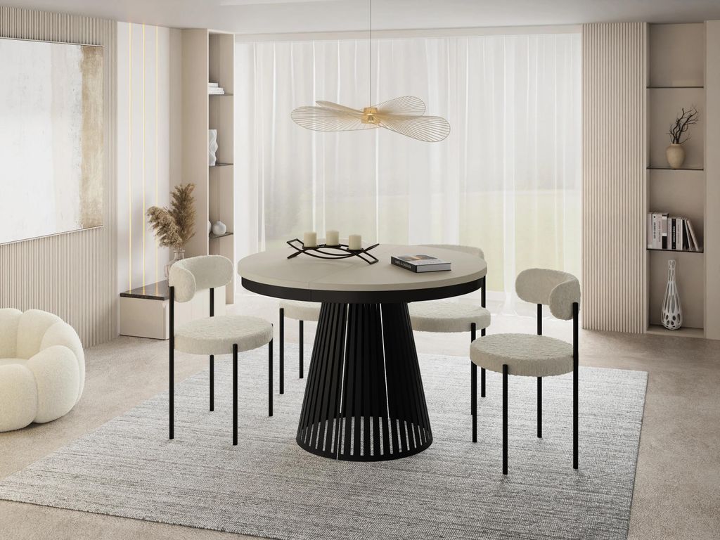 Esstisch Rund Ausziehbar mit Lamellen im Loft-Stil – 100 bis 180 cm – Industrieller Tisch mit Schwarzen Metallbeinen, Platzsparend für Wohnzim...