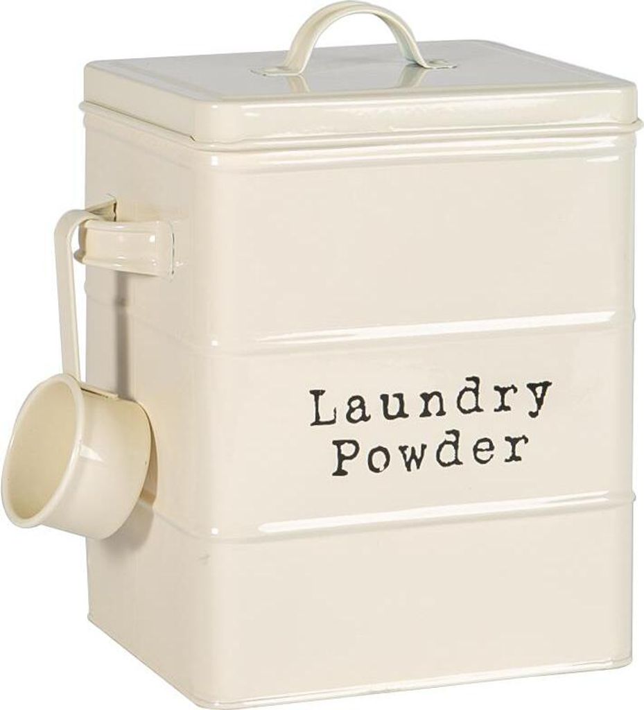 A cream-colored metal canister for laundry powder, with a scoop attached.