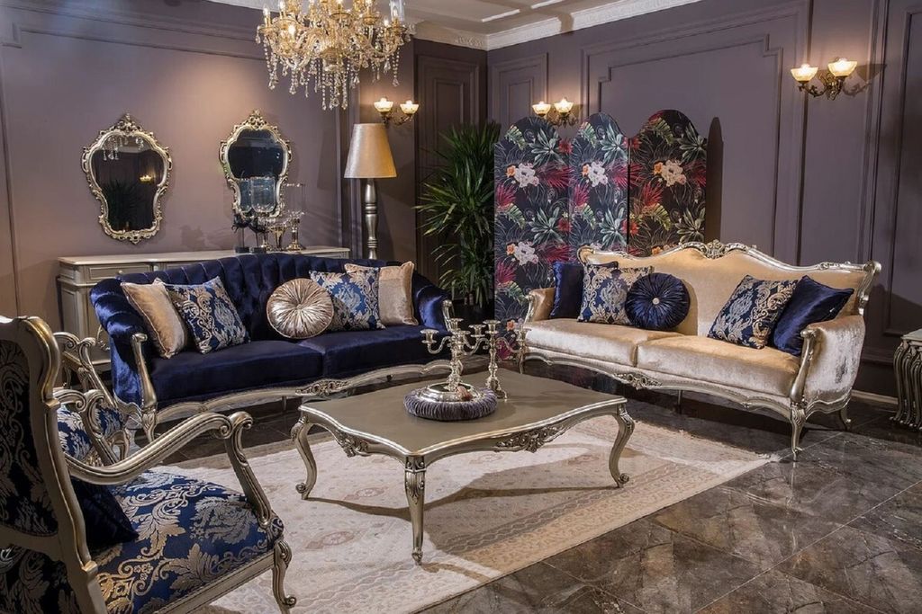 Casa Padrino Luxus Barock Wohnzimmer Set Blau / Rosa / Silber - 2 Barock Sofas & 2 Barock Sessel & 1 Barock Couchtisch - Wohnzimmer Möbel im Baroc...