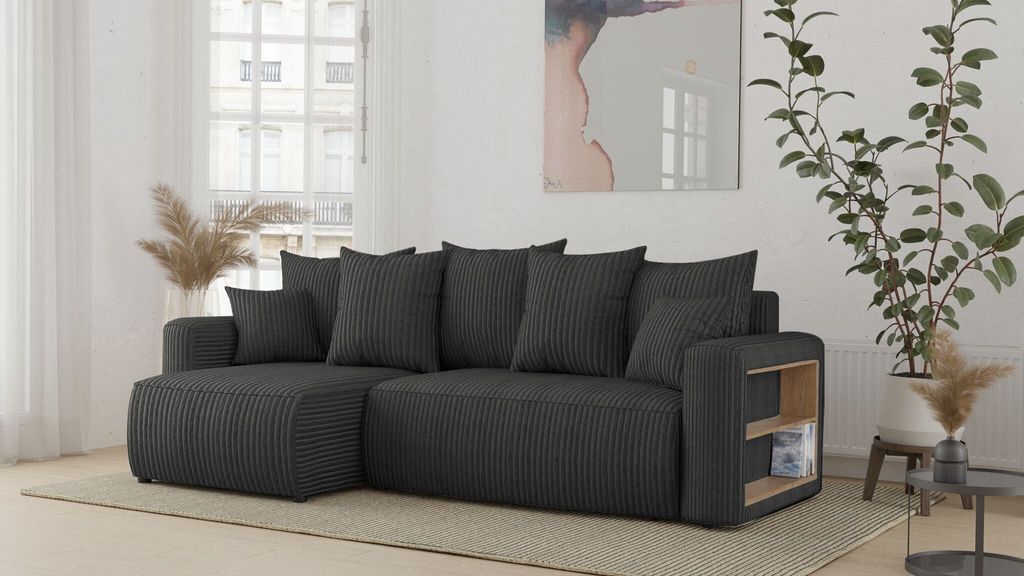Ecksofa mit Schlaffunktion und Bettkasten SOLERO – L-Form Sofa, Eckcouch, Schlafsofa mit Stauraum, Couch mit Schlaffunktion Dunkelgrau Ottomane L...
