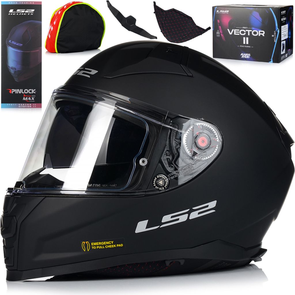 A black LS2 motorcycle helmet with accessories and packaging.