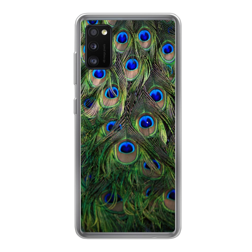 MuchoWow Handyhülle Schutzhülle Hülle für Samsung Galaxy A41 Nahaufnahme von Pfauenfedern Silikon Softcase Handy Hülle - Mobiltelefon