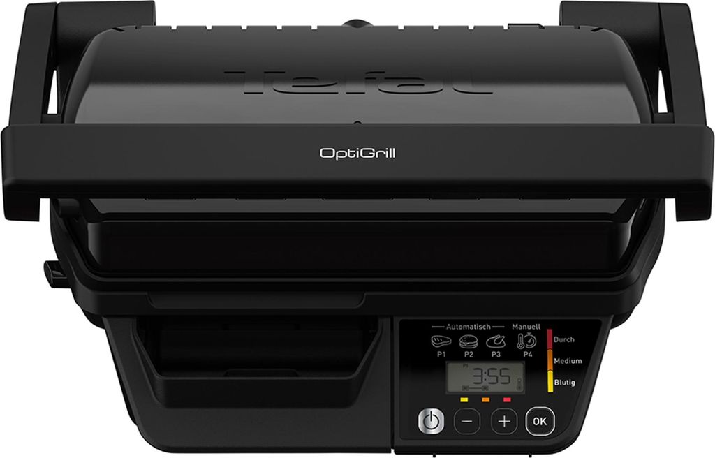 A black electric grill is shown from a top-down perspective against a white background.
