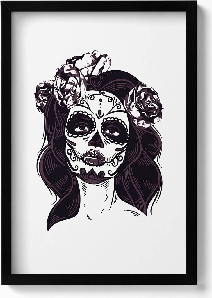 Illustration eines Mädchens im mexikanischen Stil– Wandbild mit Rahmen – Gerahmtes Bild – Wanddekoration – 40x60 cm – Schwarz