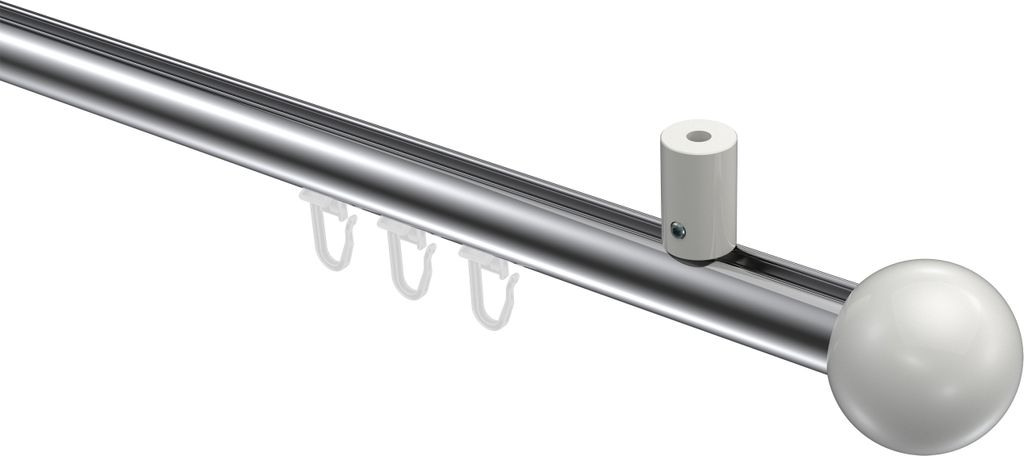 Interdeco Innenlaufstange / Gardinenstange mit Innenlauf Edelstahl-Optik / Weiß, Typ Sonius Luino (Kugel) Deckenmontage, 20 mm Ø 1-läufig, 140 cm