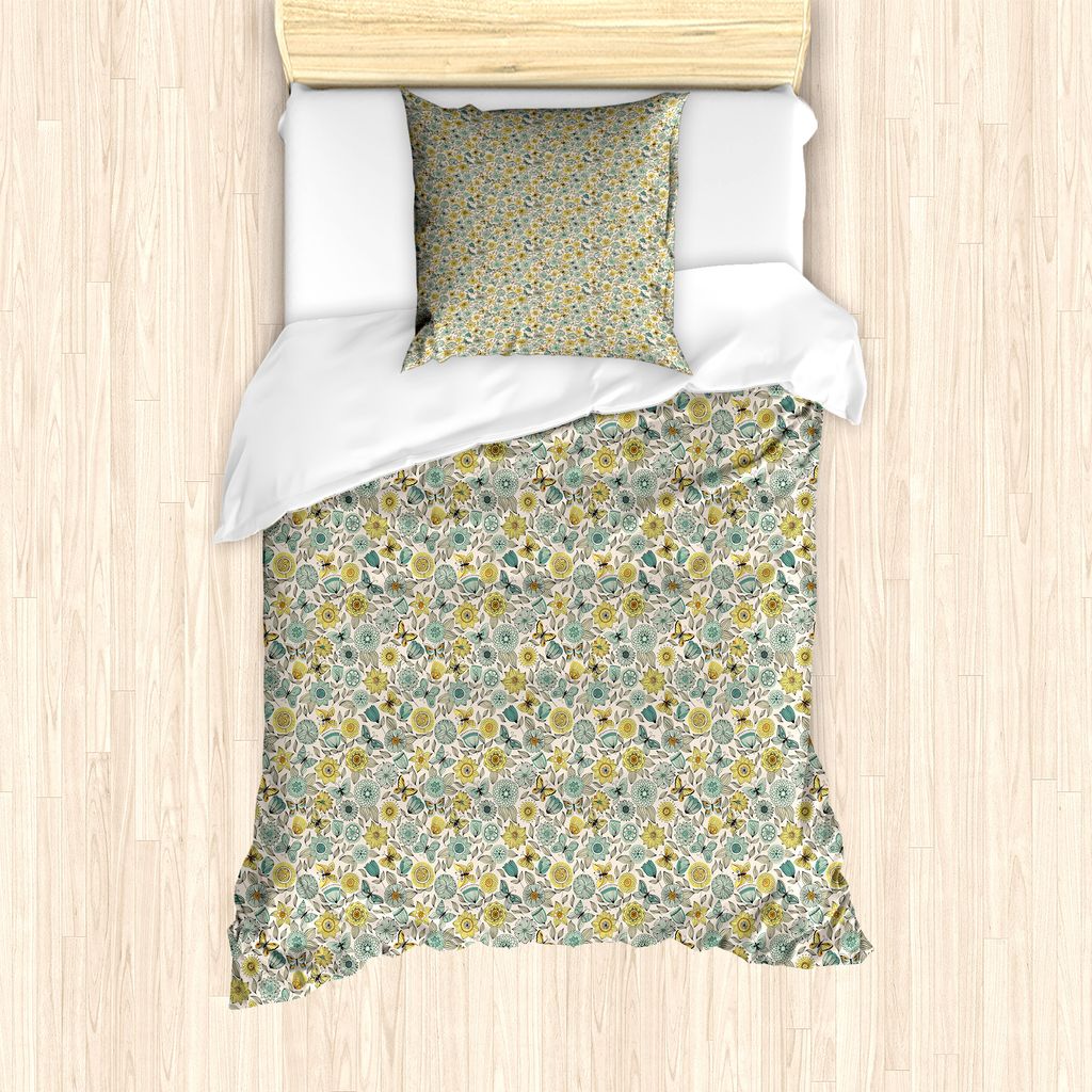 ABAKUHAUS Frühling Bettbezug Set für Einzelbetten, Retro Butterfly Wings Floral, Milbensicher Allergiker geeignet mit Kissenbezug, 135 cm x 200 c...