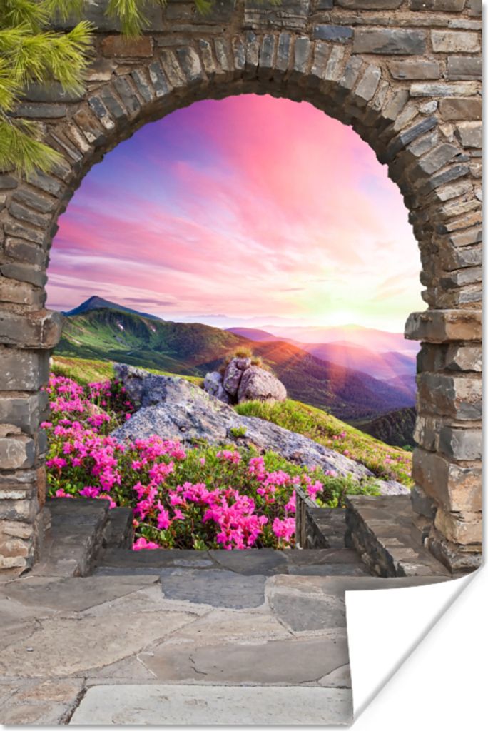MuchoWow Poster Landschaft - Aussicht - Blumen - Berg 60x90 cm - Wanddekoration
