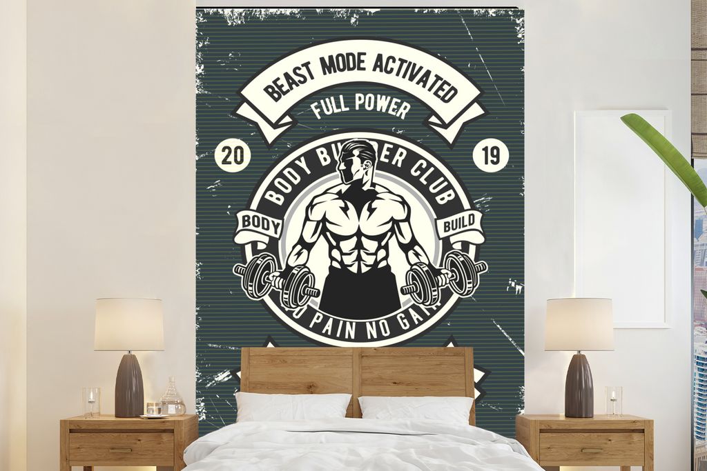 MuchoWow Fototapete für Wohnzimmer oder Schlafzimmer Wandtapete Vinyl Motivtapete Mancave - Gewichte - Sport - Retro - Zitate - 145x220 cm - Wan...