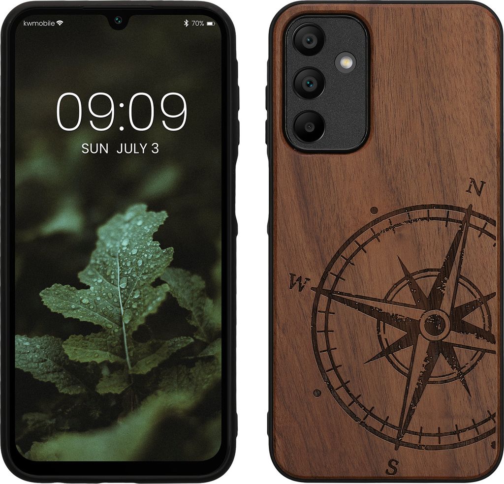 kwmobile Hülle kompatibel mit Samsung Galaxy A15 5G Hülle - Holz Case - Handy Cover - TPU Handyhülle in Dunkelbraun Kompass Vintage