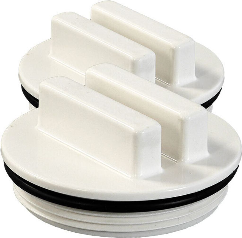 Two white threaded plugs with black O-rings are shown against a white background.