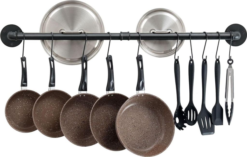 Pfannenregal - 100cm Aufbewahrungsregal - Küchenregal Organizer - Pfannenbrett Wandmontage - mit 14 Haken