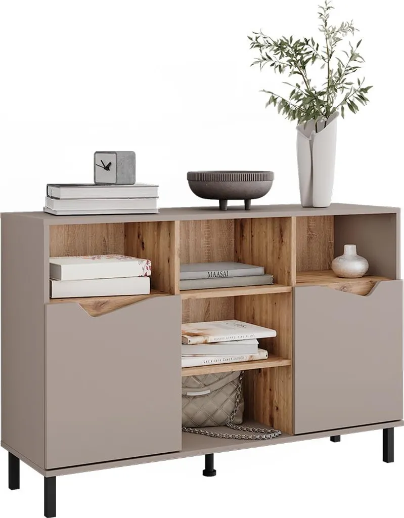 Commode greige et bois artisan, meuble bas de rangement avec 2 portes - 6