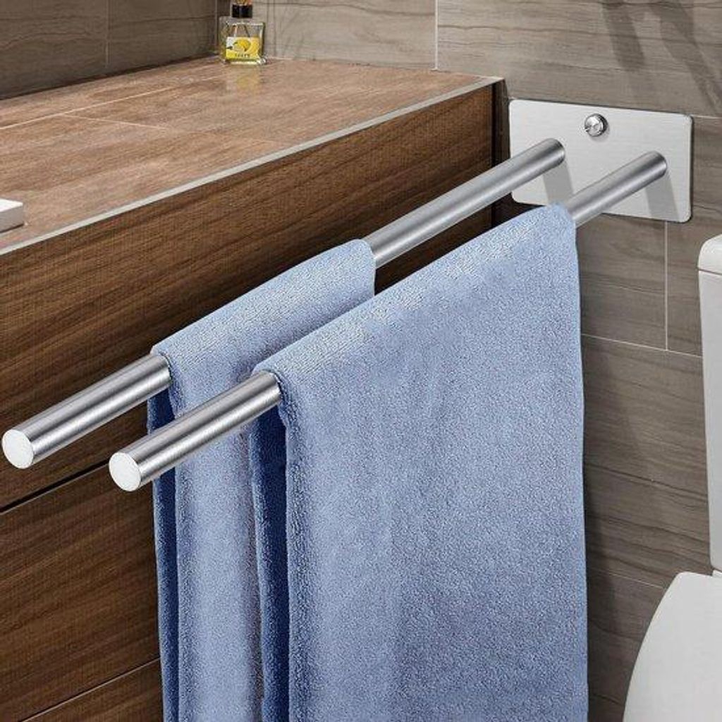 Badezimmer-Halter für zwei Handtücher - Wandmontage ohne Bohren - 39 cm - Silber