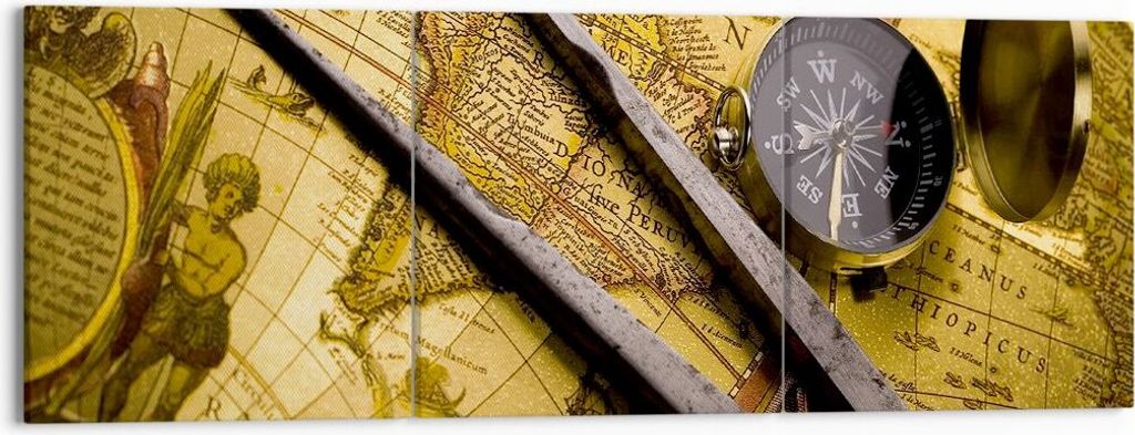 Bild auf Leinwand - Leinwandbild - Kompass Abenteuer Reisen - 150x50cm - Wand Bild - Wanddeko - Leinwanddruck - Bilder - Kunstdruck - Wanddekoratio...
