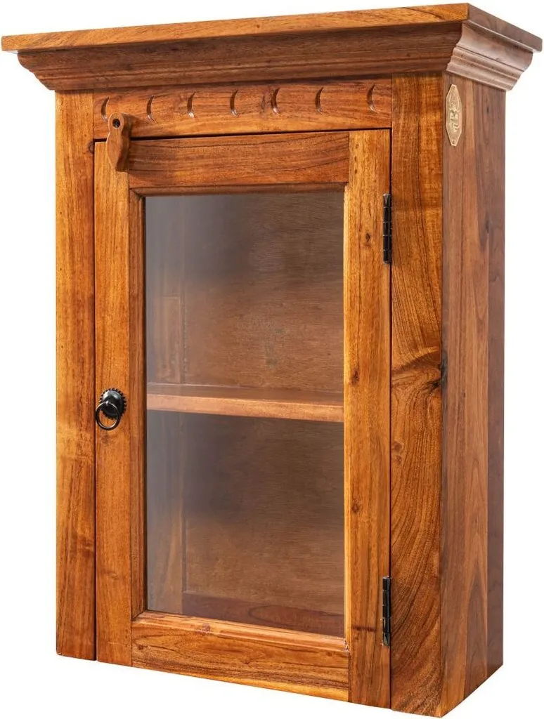 Meuble vitrine murale en acacia massif OXFORD Miel pour salon et séjour