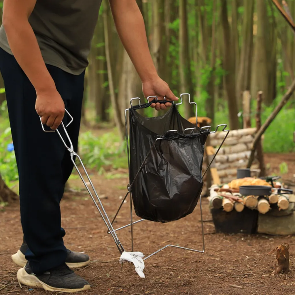 Porte-sac poubelle camping et barbecue, support pliable inox extérieur