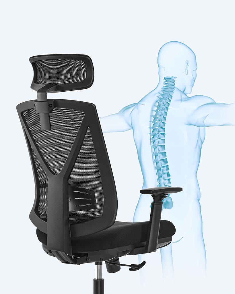 A black office chair is shown next to a translucent blue human anatomy illustration highlighting the spine.