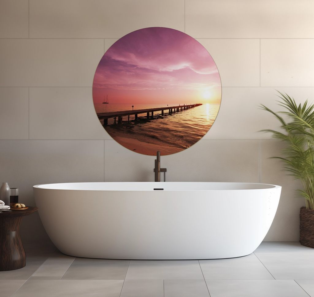 Wallario wasserfestes Poster selbstklebend 90 x 90 cm, Auf dem Weg zur Sonne Steg am Meer, Badezimmerposter Spritzschutz mit Hochglanzoberfläche i...