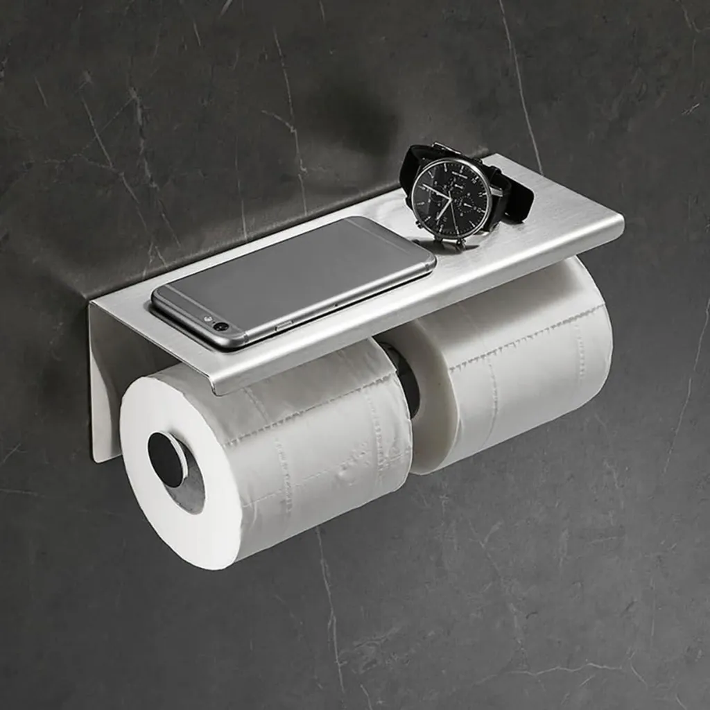 Porte-papier toilette mural double anti-rouille avec tablette argent