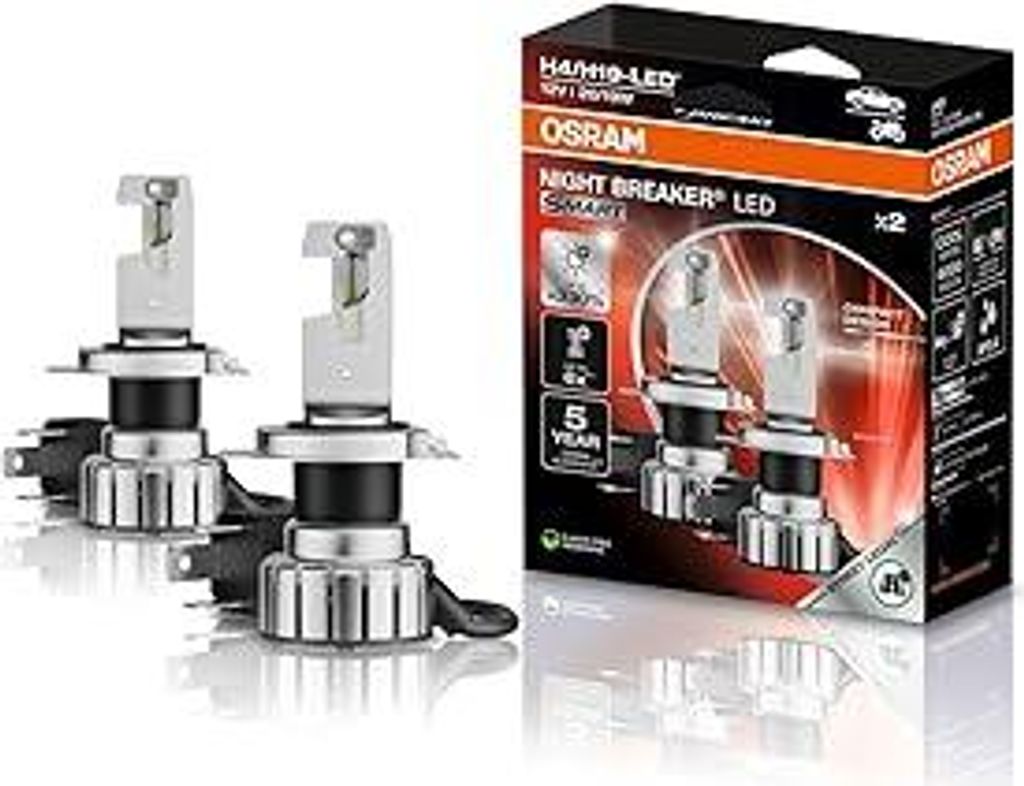 OSRAM NIGHT BREAKER LED SMART H4/H19, bis zu 330% mehr Helligkeit, 6000K, 12V, LED-Fern- und Abblendlicht mit Straßenzulassung, 2 Lampen