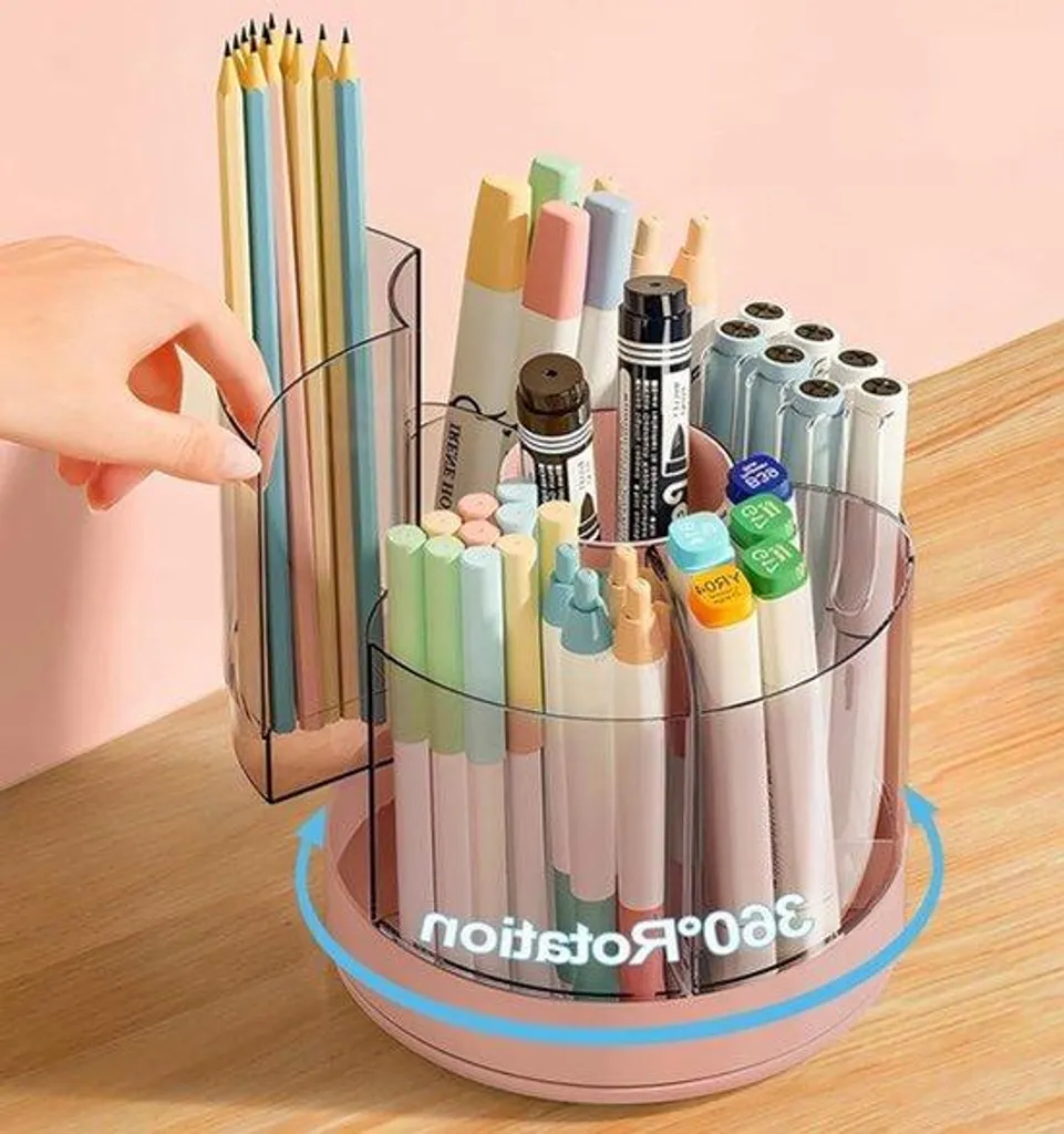 Organisateur de bureau pivotant rose : pot à crayons multi-compartiments