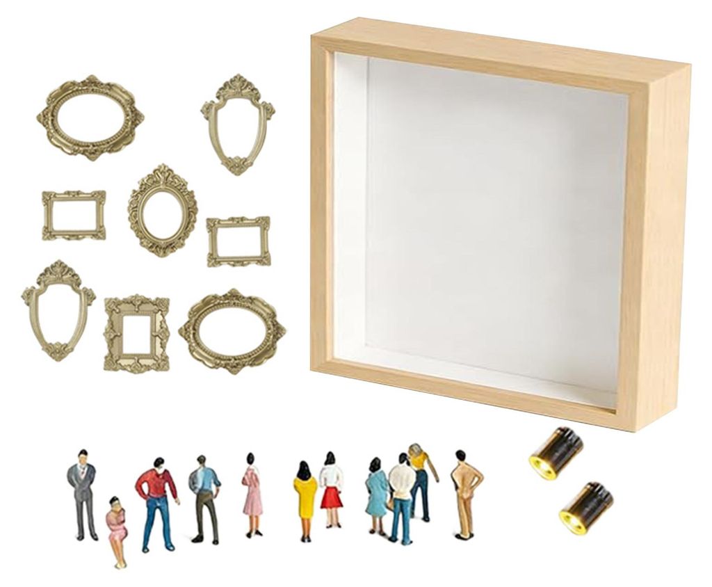 DIY-Mini-Museumsbox mit kleinen goldenen Rahmen, Figuren, Lampen, Fotorahmen, Schattenbox, Familienerinnerungsvitrine, Heimdekoration