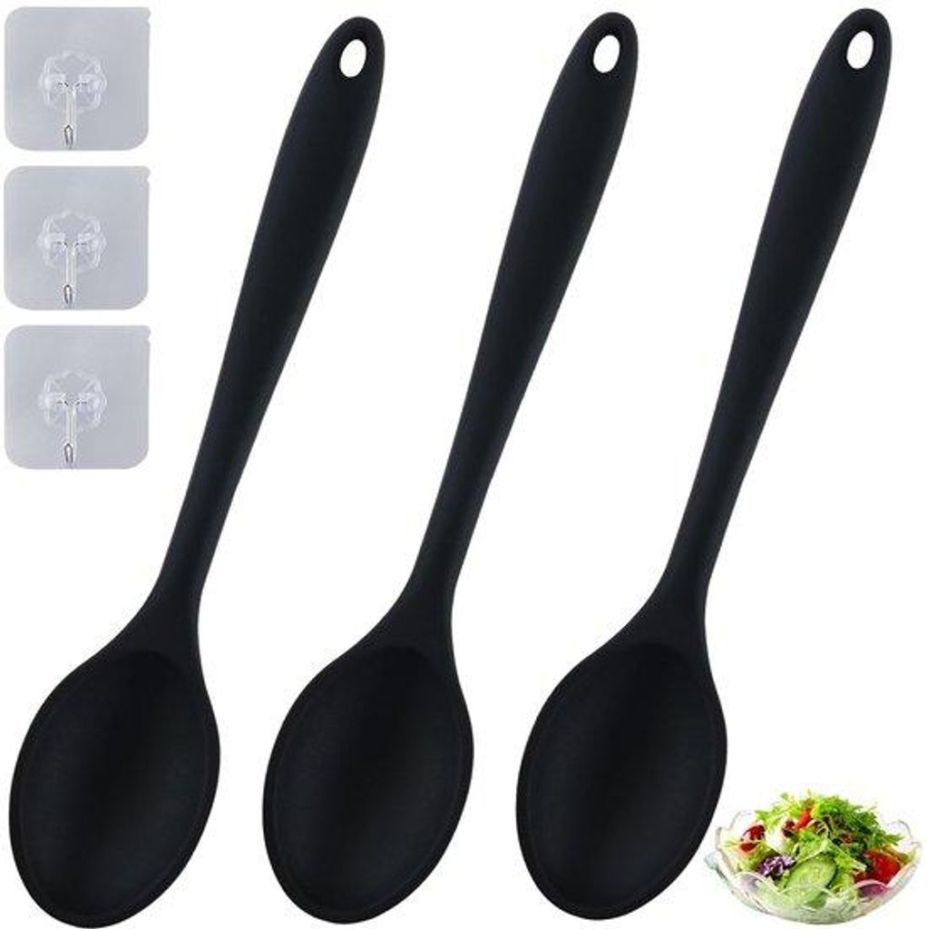 Silikon-Spatel-Set mit 3 kleinen Haken, langem Kochlöffel, antiaanbak-Servierlöffel, Rührschüssel für Rühren, Schöpfen und Mischen (schwarz)