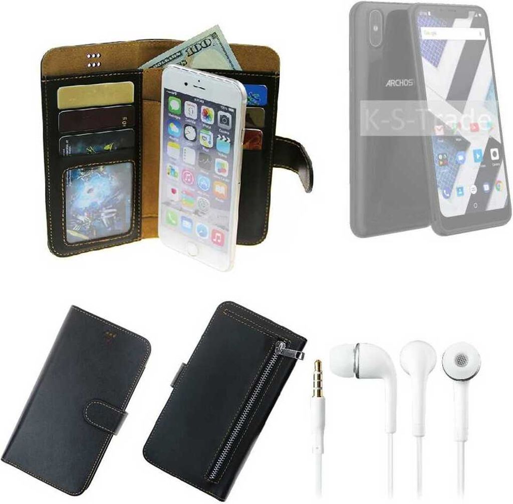 TOP SET Handy Hülle Schutz Hülle kompatibel mit Archos Core 62S schwarz aus Kunstleder + Kopfhörer Smartphone Tasche vollwertige Geldbörse