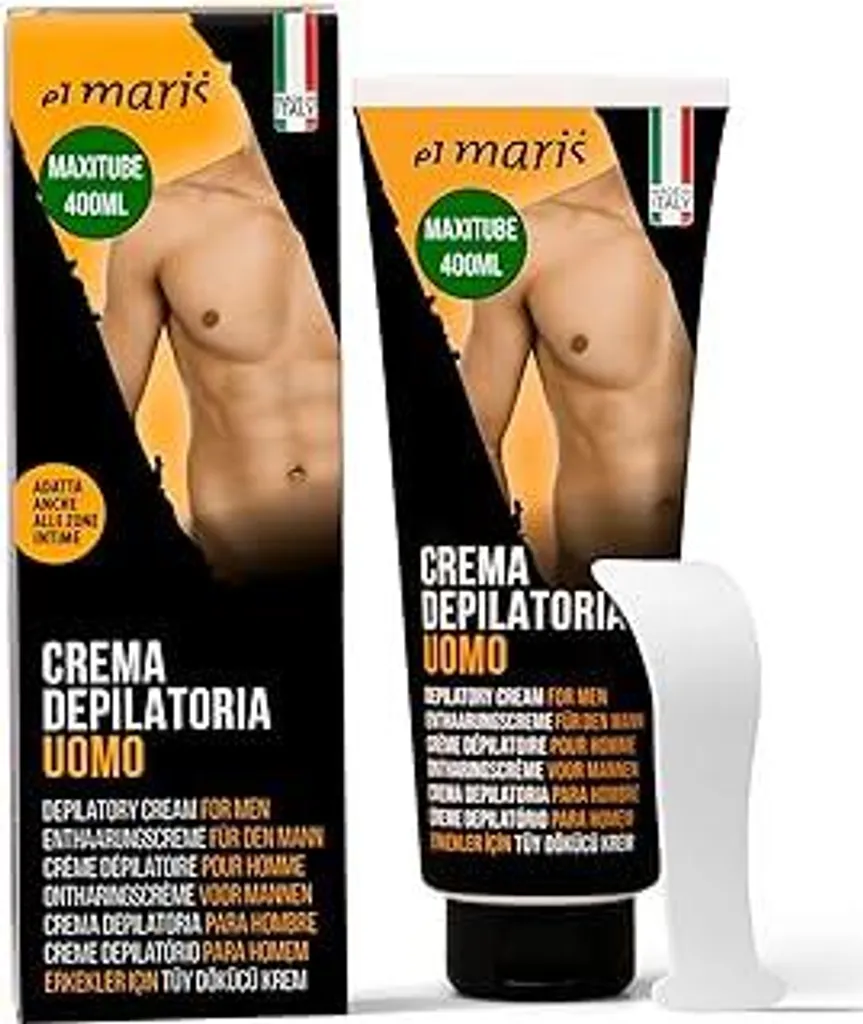 ELMARIS - Depilazione per uomini: per le parti intime e il corpo - Formato XXL 400 ml - Ultraveloce, sicuro - Delicato con burro di karité e bisabololo. Crema depilatoria