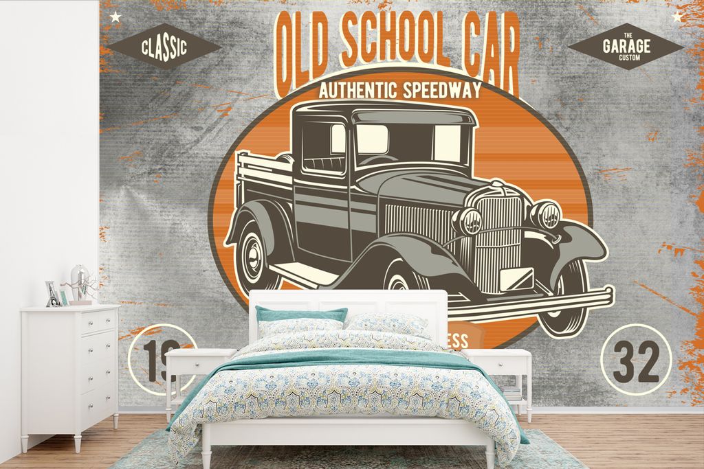 MuchoWow Fototapete für Wohnzimmer oder Schlafzimmer Wandtapete Vinyl Motivtapete Mancave - Auto - Orange - Grau - Vintage - 390x260 cm - Papier...