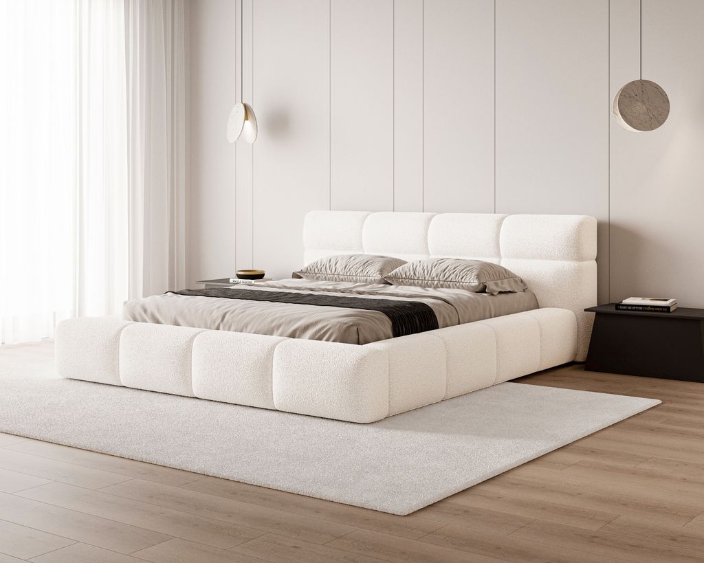 BESILIO Polsterbett mit dickem Schaumstoff 160x200 boucle Carlo - Lammfellstoff, Box und Rahmenbett - Weiß