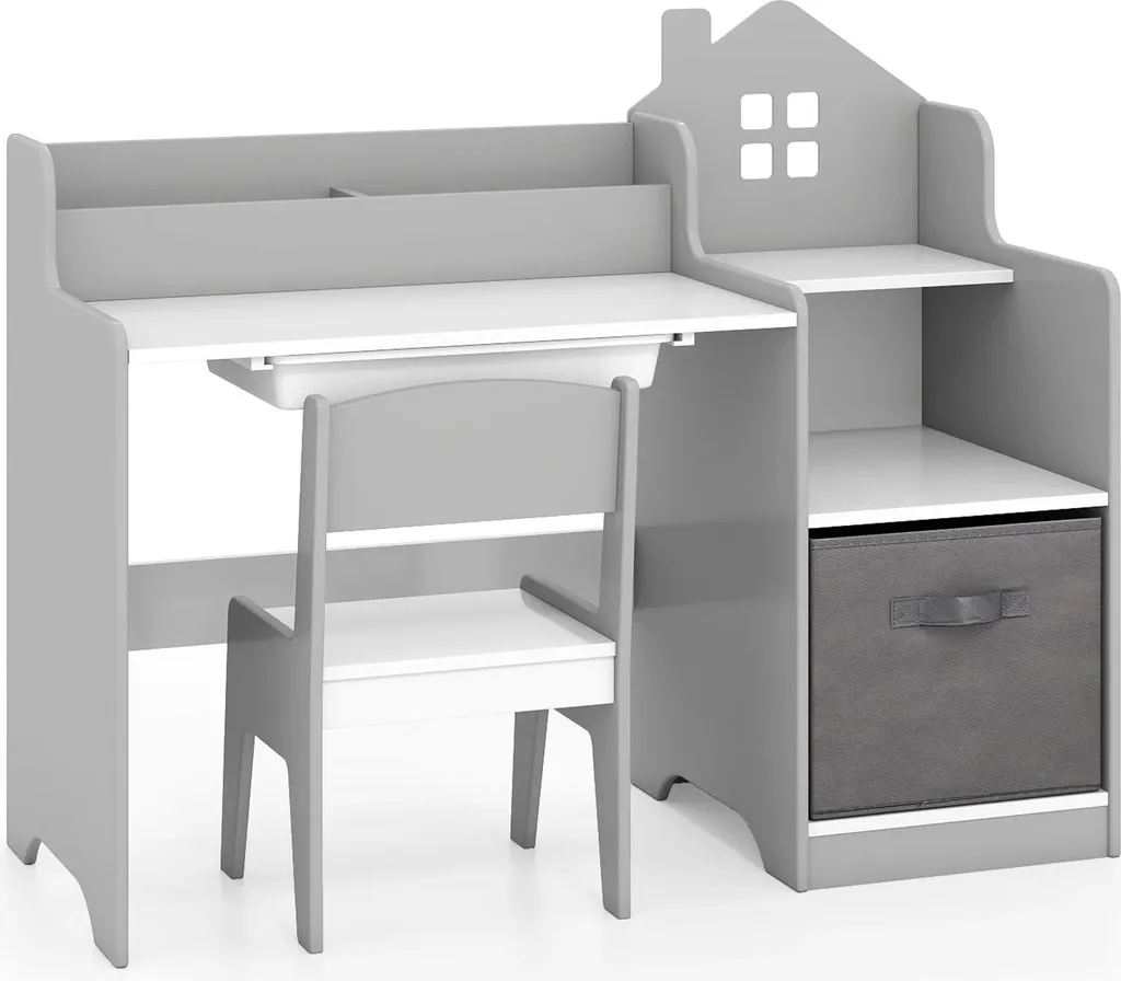 Bureau enfant design maison bois gris avec étagères et chaise incluse