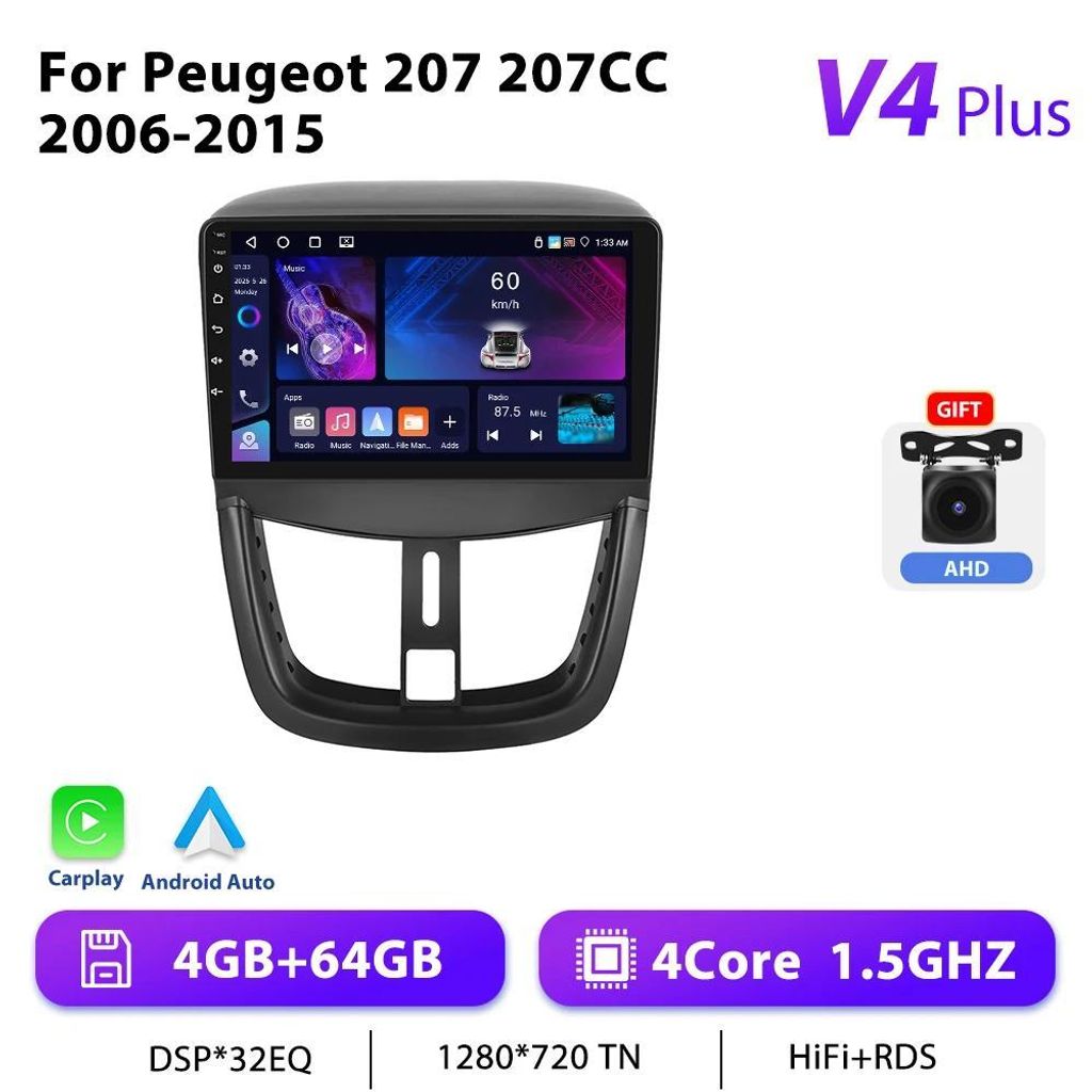 Android Autoradio für Peugeot 207 2009–2013 - 2-DIN Head Unit - 22,9 cm Touchscreen - Android 10 - 4GB + 64GB, 1,5 GHz - GPS, RDS - 4×45 W