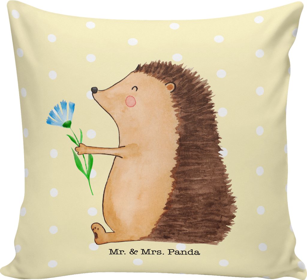 Mr. & Mrs. Panda Sofa Kissen Igel Blumen - Gelb Pastell - Geschenk, Gute Laune, Sofakissen, Deko, Genesungswünsche, Besserung, Krankheit, Dekokiss...