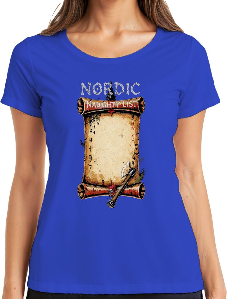 Viking Nordic Naughty List Runes Axt Weihnachtsgeschenk Retro Damen T-Shirt, Blau, XXL