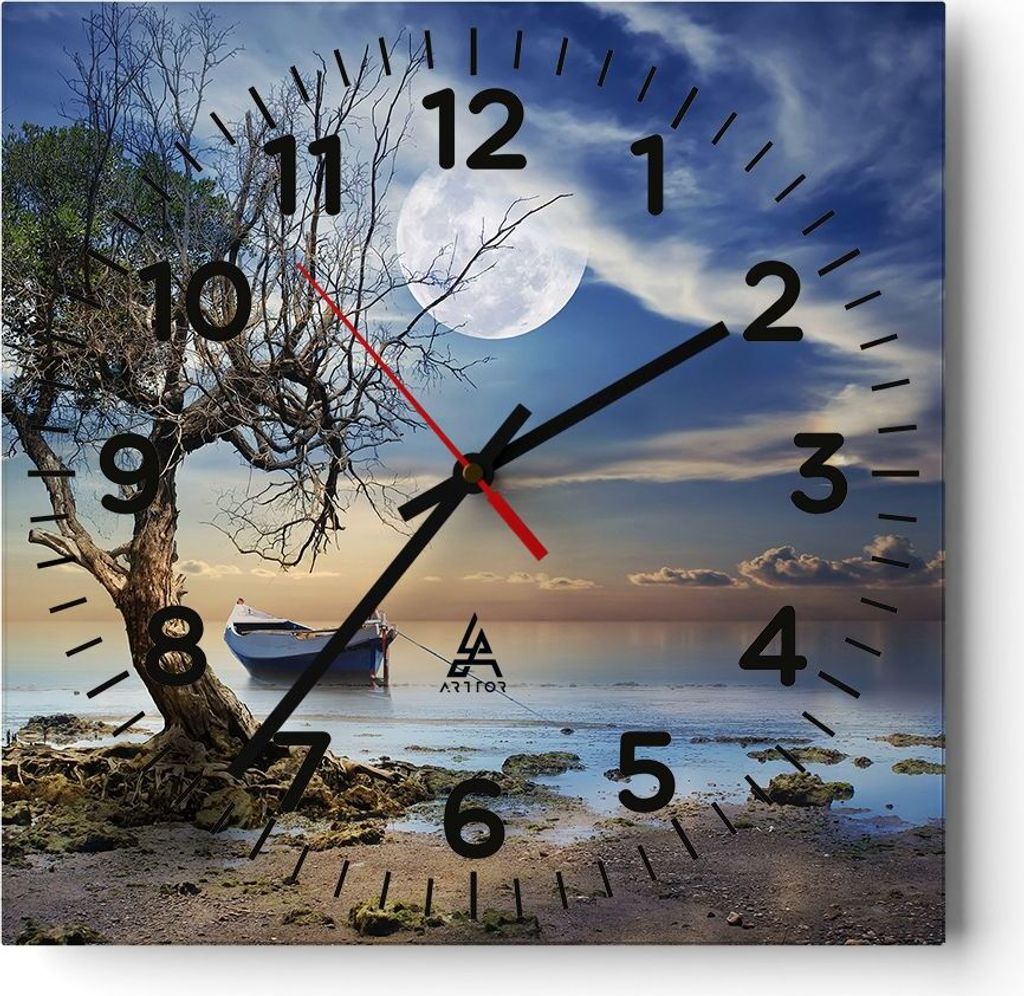 Wanduhr - Quadrat - Glasuhr - Nacht Mond Boot - 40x40cm - Schleichendes Uhrwerk - Lautlos - zum Aufhängen bereit - Dekoration Modern - Wanddekorat...