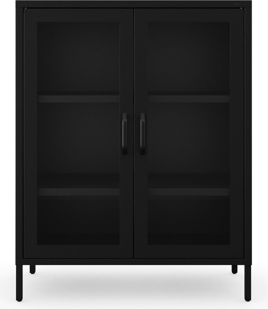 Jan Nowak kleiner Vitrinenschrank Kommode mit 2 Glastüren Gina 2 verstellbare Einlegeböden Standschrank aus Metall, 80 x 101,5 x 40 cm, Schwarz