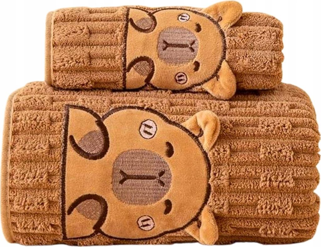 2er Set Kinderhandtücher „Capybara“ – 70x140 + 35x75 cm – Mikrofaser – weich & saugfähig – Badetuch & Gästehandtuch – beige