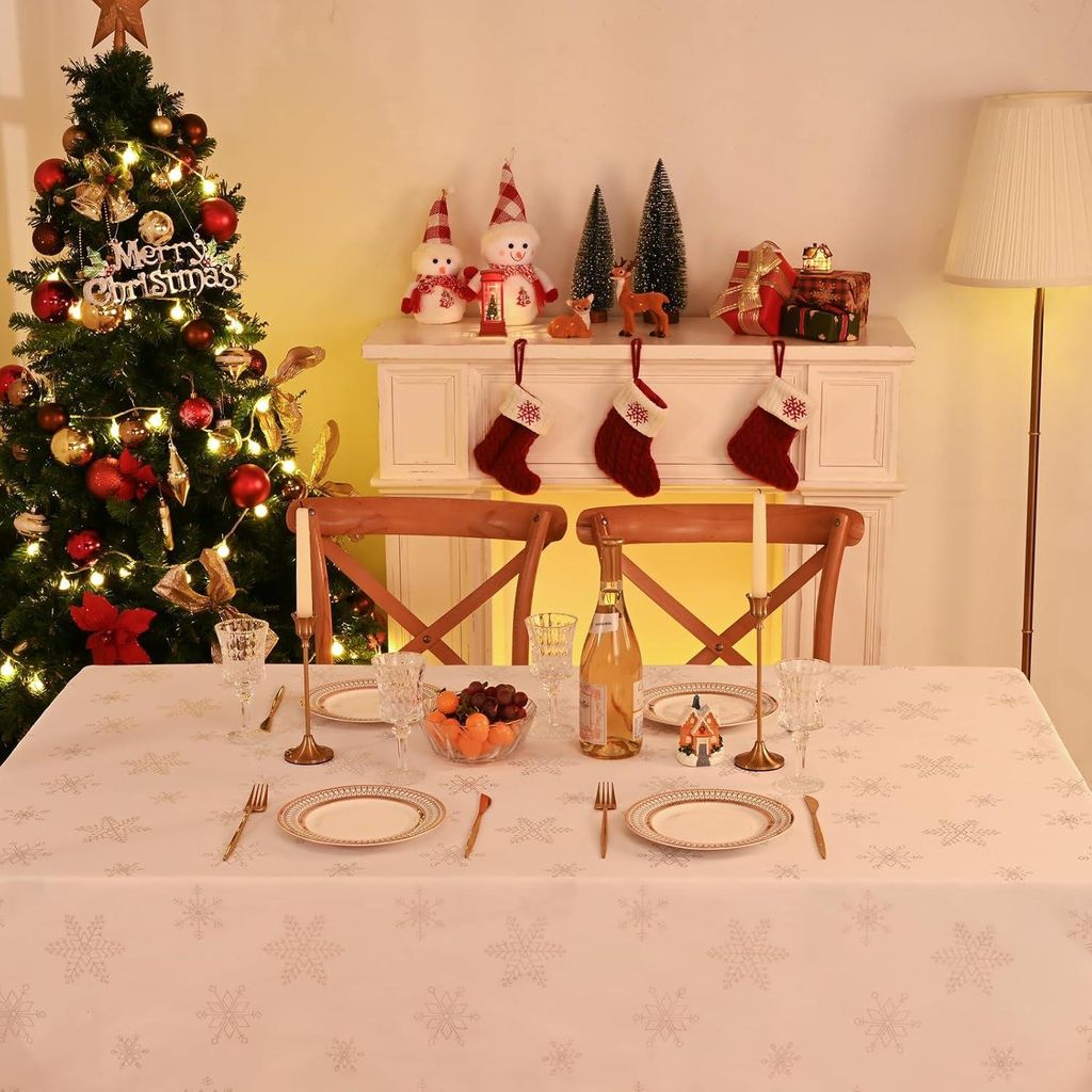 Wasserabweisendes Weihnachtstischdecken 146 x 305 cm - Rechteckige Tischdecke mit silbernem Schneeflockenmuster - Abwaschbar und fleckenbeständig